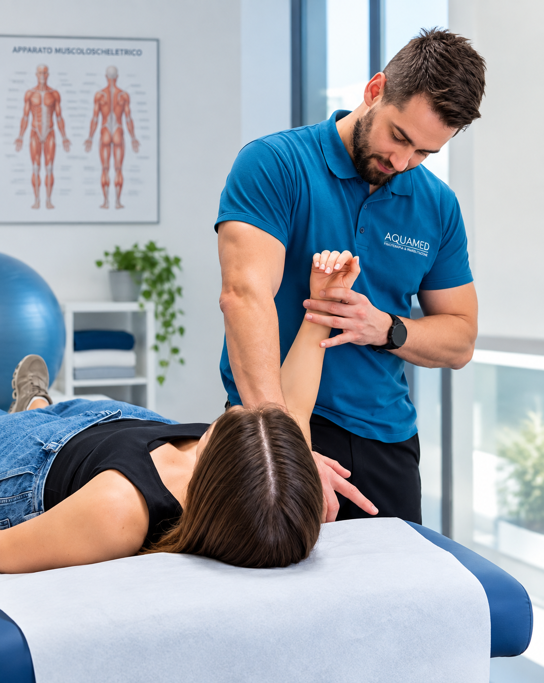 Fisioterapista Aquamed esegue terapia manuale sul braccio di una paziente nello studio di fisioterapia del centro a Bassano del Grappa